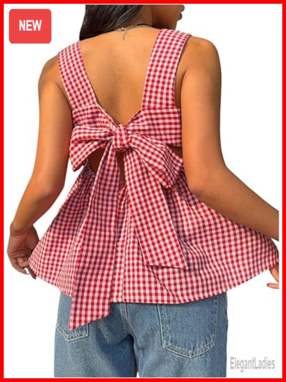Women's Square Neck Tie Back Tank Top Plaid Peplum Babydoll